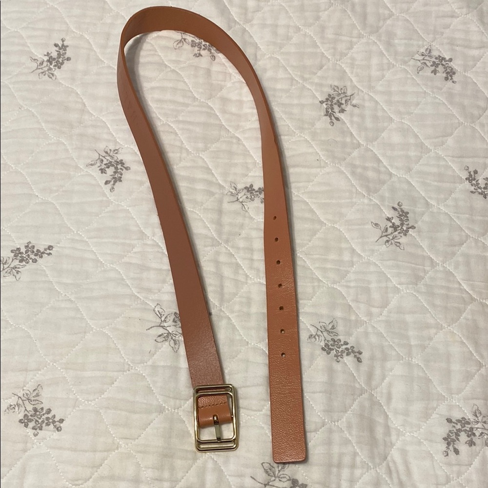 Halogen Tan Leather Belt with Gold Buckle